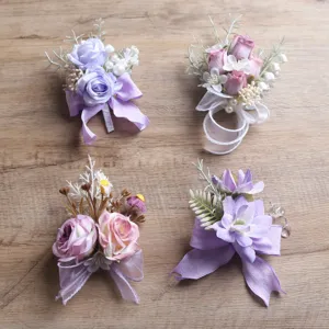 Elegante lila rosa kuenstliche Blumen Korsage Armband fuer Hochzeit Braeutigam Brautjungfer.