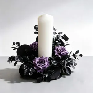 Dark Purple Rose Candle Ring Artificial Eucalyptus Leaves Table Centerpiece Gothic Floral Decor For Wedding Home