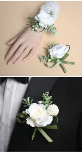 Élégant ensemble de corsage de poignet et boutonnière en rose blanche pour mariage.