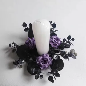 Dark purple rose candle ring with artificial black eucalyptus for wedding decor