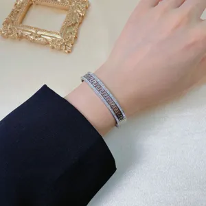 Vintage Greek Key Cuff Bracelet Stainless Steel Zirconia Open Bangle Women Jewelry