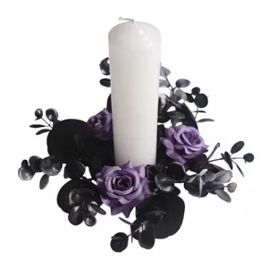 Dark purple rose candle ring with black eucalyptus leaves and white pillar candle for home decor.