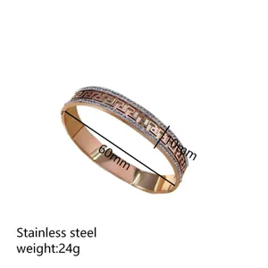 Gold Stainless Steel Greek Key Cuff Bracelet Rhinestone Pave 18K Rose Gold Finish