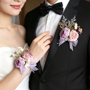 Morandi rosa lila Hochzeit Korsage Handgelenk Blume Set, elegante Blumen Accessoires für Paar.