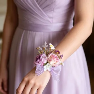 Elegantes koreanisches Hochzeits-Handgelenk-Corsage in sanftem Lila-Rosa für Brautjungfern.