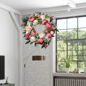 Ghirlanda di fiori artificiali in peonia di seta per decorazione murale e porta.