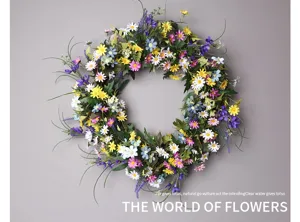 Spring colorful wild daisy flower wreath detail shot, beautiful silk floral wall hanging decor.