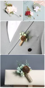Wedding pinecone flower boutonniere groom groomsmen corsage rustic greenery wedding decor