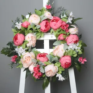 Ghirlanda di fiori di peonia artificiale da appendere alla porta, decorazione murale in seta.