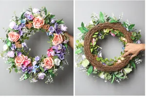 Handgefertigter künstlicher Blumenkranz mit rosa Rosen und Hortensien sowie Ast-Rückseite.