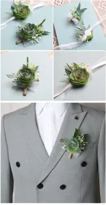 Artificial succulent wedding boutonniere wrist corsage groom groomsman floral lapel pin detail