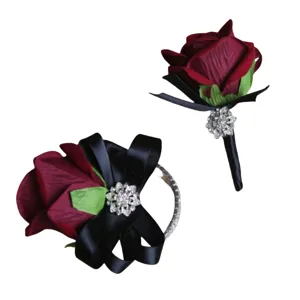 Ensemble boutonnière et corsage de poignet rose bourgogne avec ruban noir et strass scintillants
