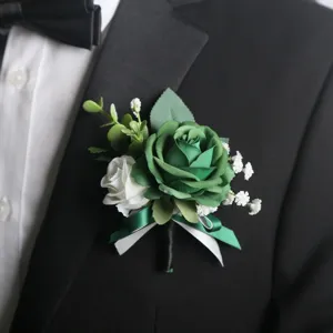 Boutonnière rose blanche verte artificielle mariage accessoire costume marié élégant style