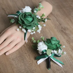 Ensemble de corsage de poignet et boutonnière de roses artificielles vert et blanc pour mariage