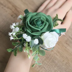 Bracelet de corsage de poignet de rose verte et blanche artificielle pour mariage