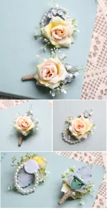 Simulation rose flower corsage and pearl wrist flower set for wedding party details
