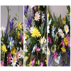 Detailed view of colorful artificial daisy flower wreath for spring home wall decor