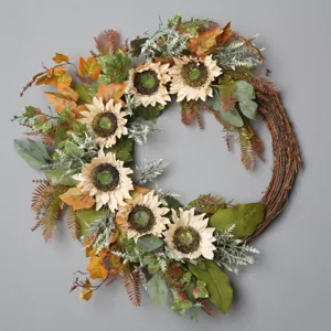 Ghirlanda di girasoli artificiali con foglie autunnali, ideale per decorazione murale.