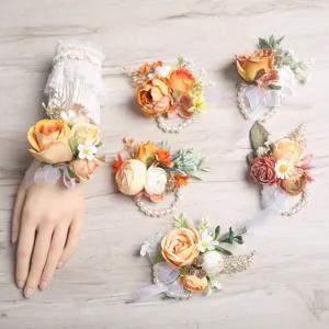 Orange Forest Style Artificial Silk Rose Flower Boutonniere And Wrist Corsage Set Wedding Groom Bridesmaid Party Hand Flower