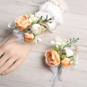 Orange artificial wedding wrist corsage and boutonniere set, Mori style floral accessories.