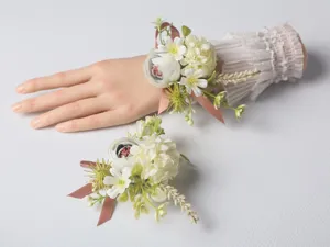 Exquisite artificial flower wrist corsage detail, perfect for wedding bridal and party decor.