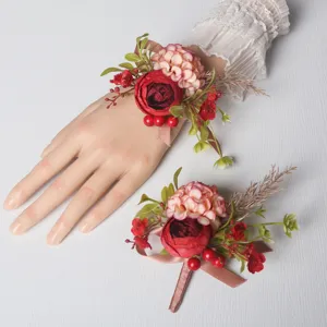 Wedding wrist flower and boutonniere set, European style artificial floral bridal accessories.