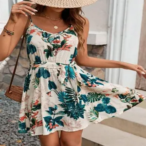 Vestido de verano mujer cuello V estampado floral tirantes spaghetti cintura alta cinturón