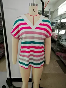 Mujer Camiseta Manga Corta Cuello V Rayas Multicolor Casual Verano Top Básico Blusa