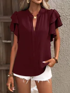 Mujer casual color sólido cuello en V doble volante manga verano blusa top en burdeos.