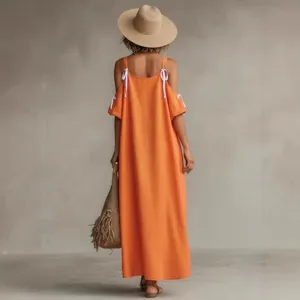 Dames Casual Oranje Katoen Linnen Maxi Jurk Met Strik Schouderbanden Zomerkleding
