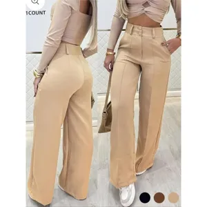 Pantalón casual de mujer de talle alto con pierna ancha y elegante doble botonadura.