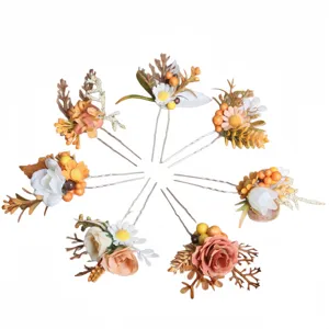Detailed view of forest-style floral U-shaped hairpin set featuring daisies, berries, and foliage.