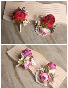 European style artificial rose wrist flower and boutonniere set for wedding decoration.