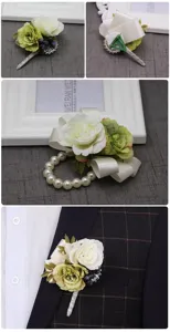 Artificial wedding corsage boutonniere with white roses, green leaves, and pearl wristlet.