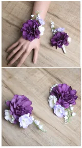 Purple wedding wrist corsage and boutonniere set, handmade artificial floral bridesmaid accessories.