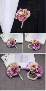 Detailed view of artificial wedding corsage and wrist flower set with purple roses.