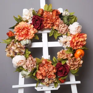European Fall Harvest Pumpkin Wreath Artificial Maple Leaf Hydrangea Pine Cone Door Hanging Autumn Home Decor Garland