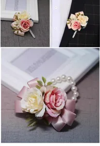 Wedding floral corsage detail shot featuring artificial roses, ribbons, and pearl wrist band.