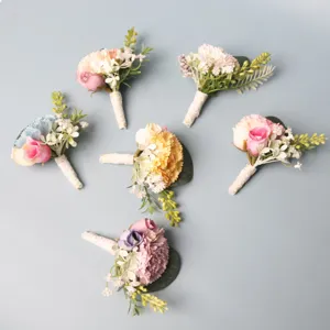 European Style Silk Flower Boutonniere Artificial Rose Carnation Corsage Pin For Wedding Groom Groomsmen Party Suit Decor
