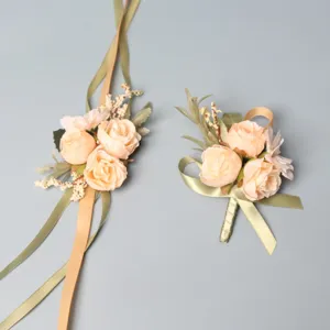 Wedding artificial rose corsage and wrist flower set with ribbons for bride groom.