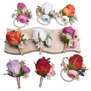 Artificial rose flower corsage and wrist bracelet set for wedding groom bride bridesmaid decor