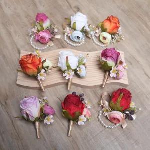 European artificial rose wrist corsage wedding bridesmaid boutonniere flower jewelry set.