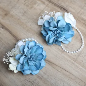 Blue artificial flower wrist corsage with pearls for wedding bridal bridesmaid party decor
