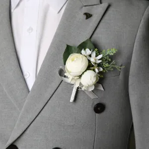 Wedding boutonniere white artificial flower corsage for groom, best man, and business meetings.