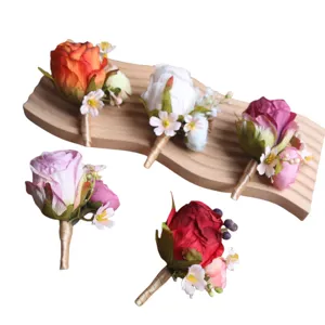 Artificial rose boutonniere set for wedding groom best man suit floral brooch decor.