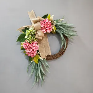 Rustic artificial hydrangea wreath with burlap bow for front door and wall home decoration