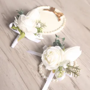 Ensemble de corsage de poignet et boutonnière rose tulipe blanche pour mariage mariée