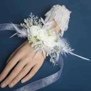 Hochzeit Handgelenkblume Braut Brautjungfer Korsage Künstliche Rose Feder Seidenband Handblume Hochzeit Bekleidung Zubehör