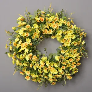 Artificial eucalyptus small daisy flower wreath for front door wall hanging home decor