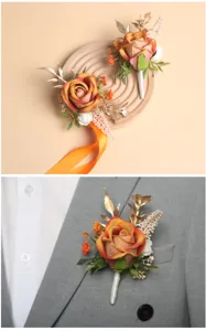 Elegante kunstmatige roos trouw corsage met gouden bladeren voor bruidegom pak decoratie
